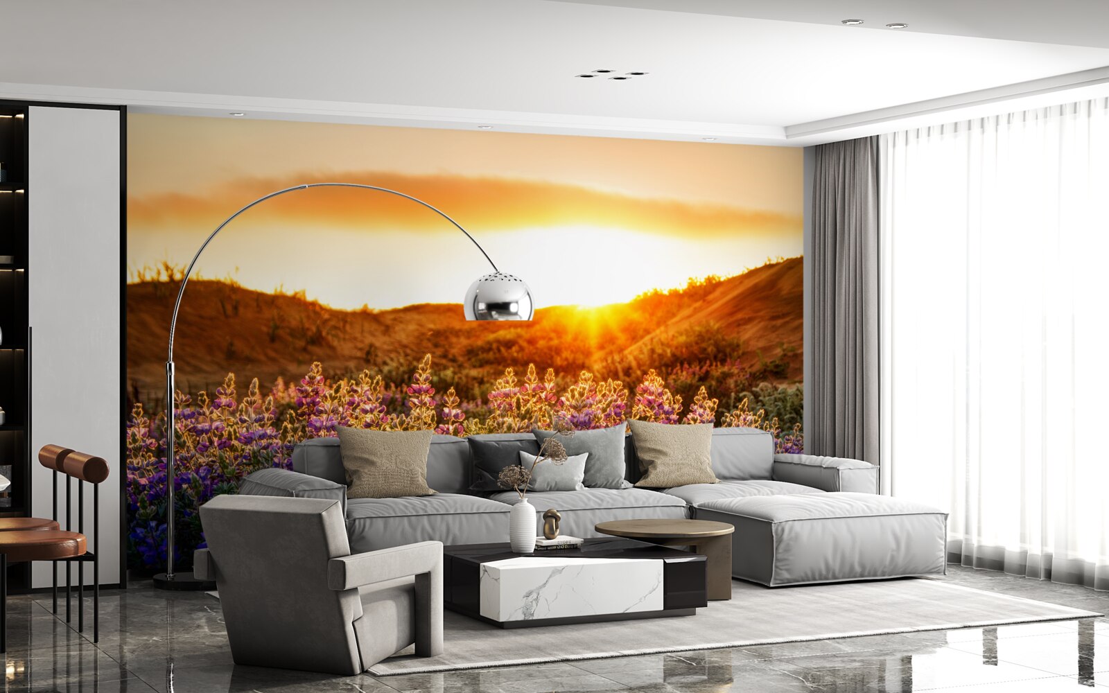 Fototapeta poľné kvety na pozadí zapadajúceho slnka