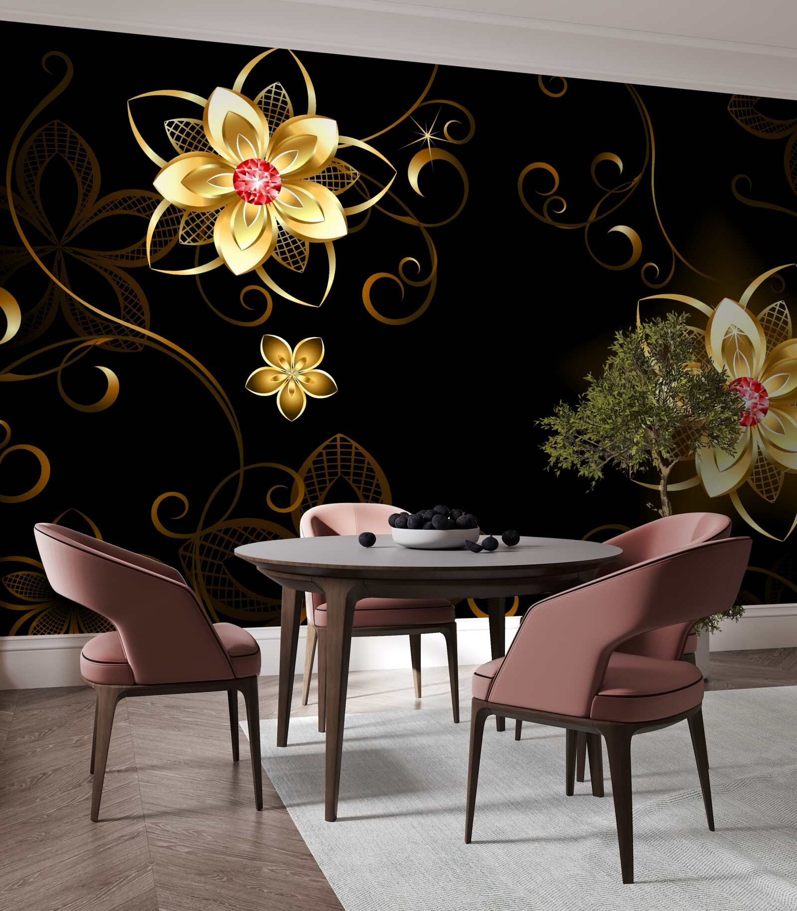 Fototapeta zlaté kvety na čiernom pozadí