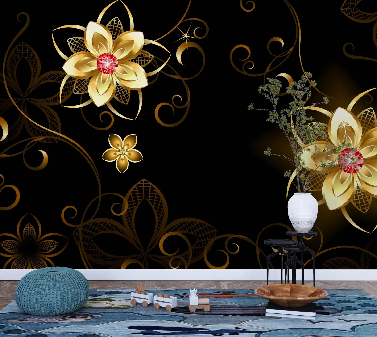 Fototapeta zlaté kvety na čiernom pozadí