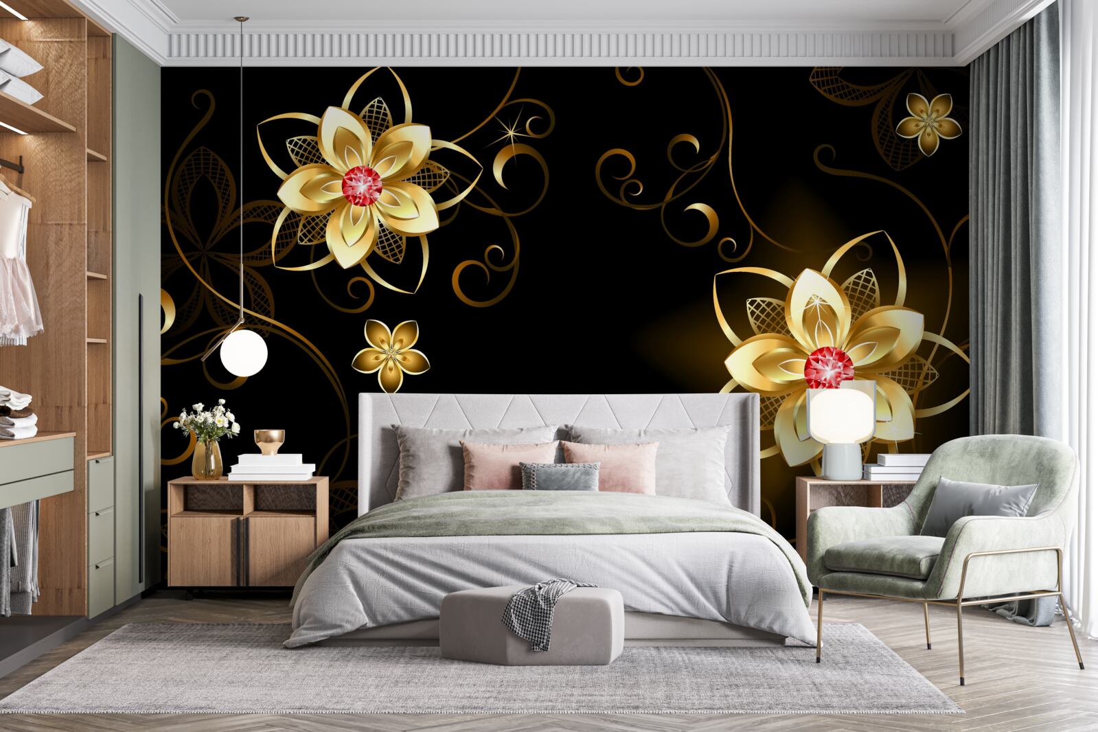 Fototapeta zlaté kvety na čiernom pozadí