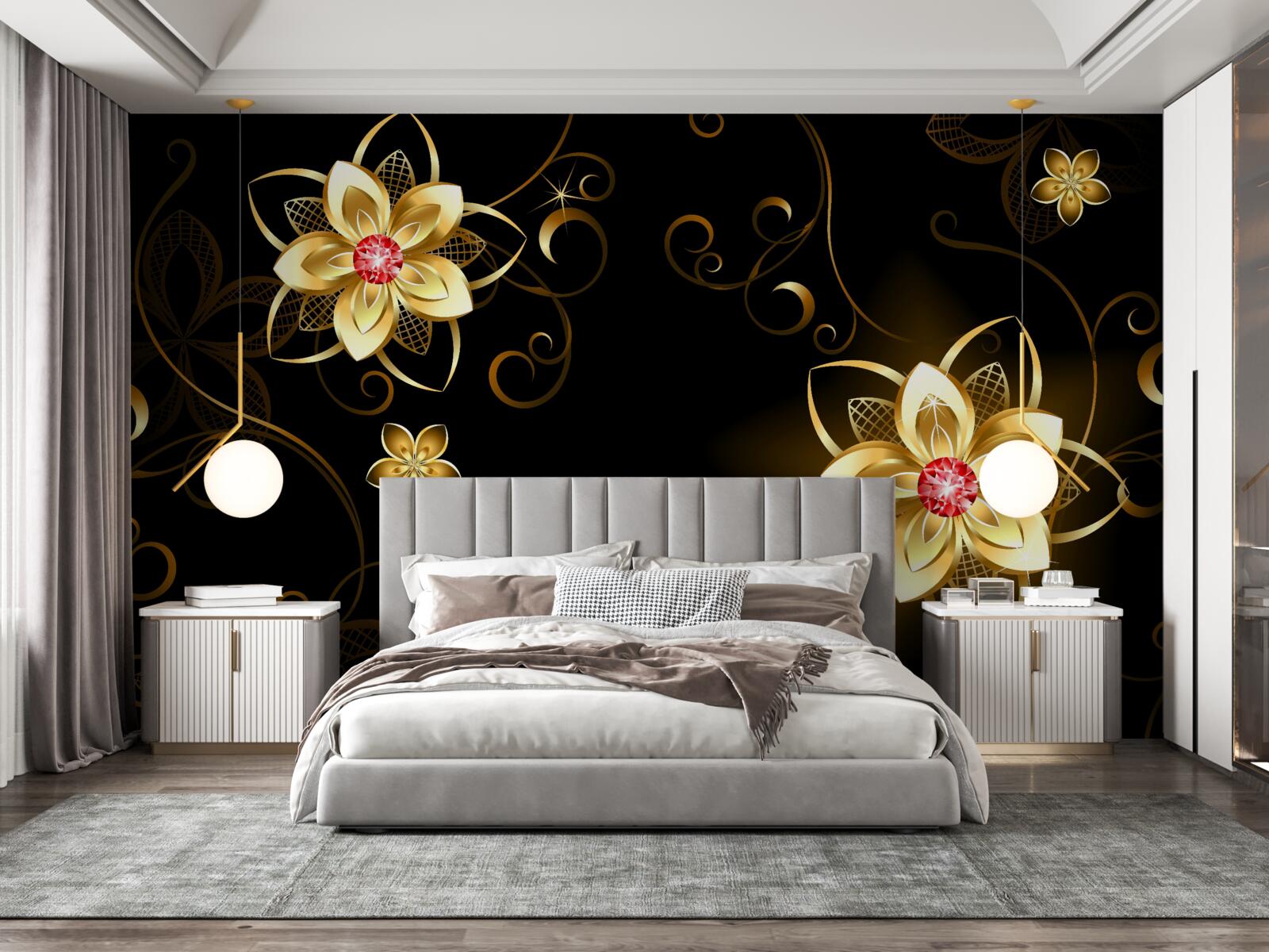 Fototapeta zlaté kvety na čiernom pozadí