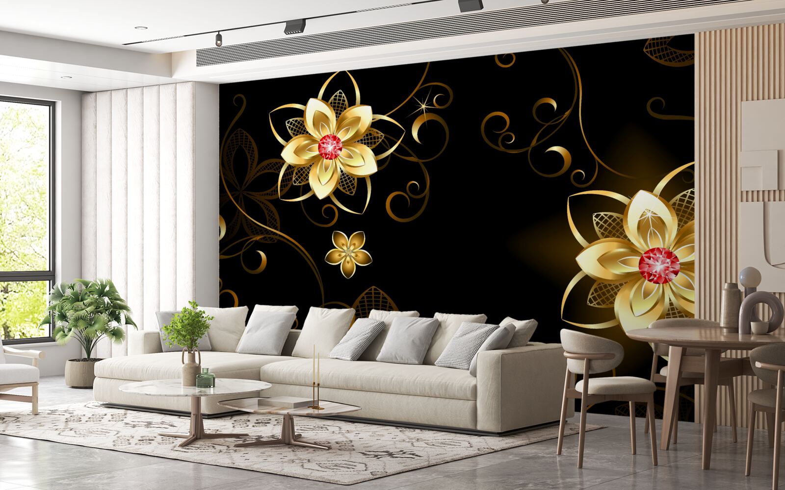 Fototapeta zlaté kvety na čiernom pozadí