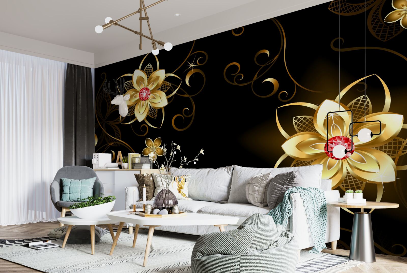 Fototapeta zlaté kvety na čiernom pozadí