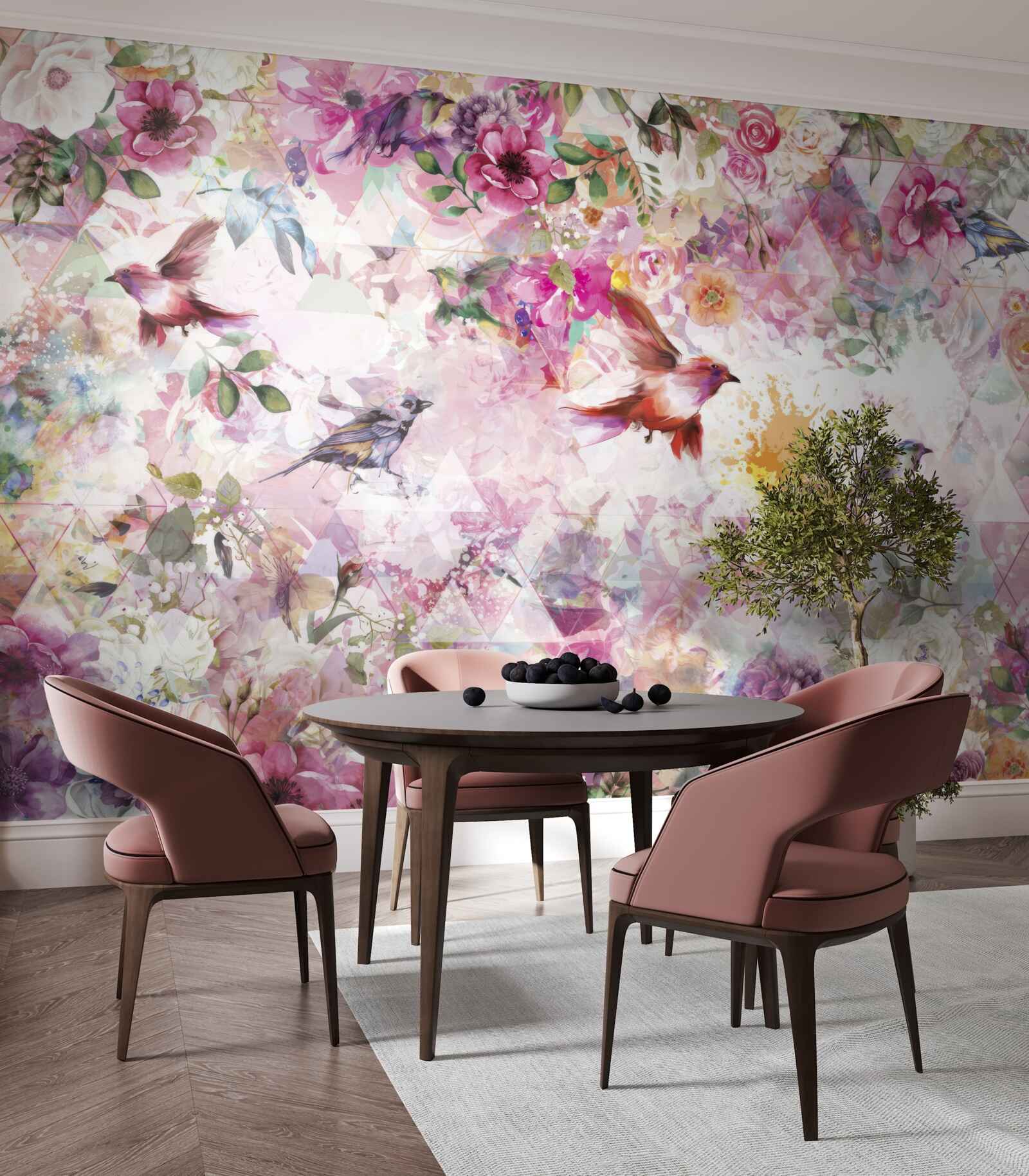 Fototapeta pozadie s kvetmi a vtákmi