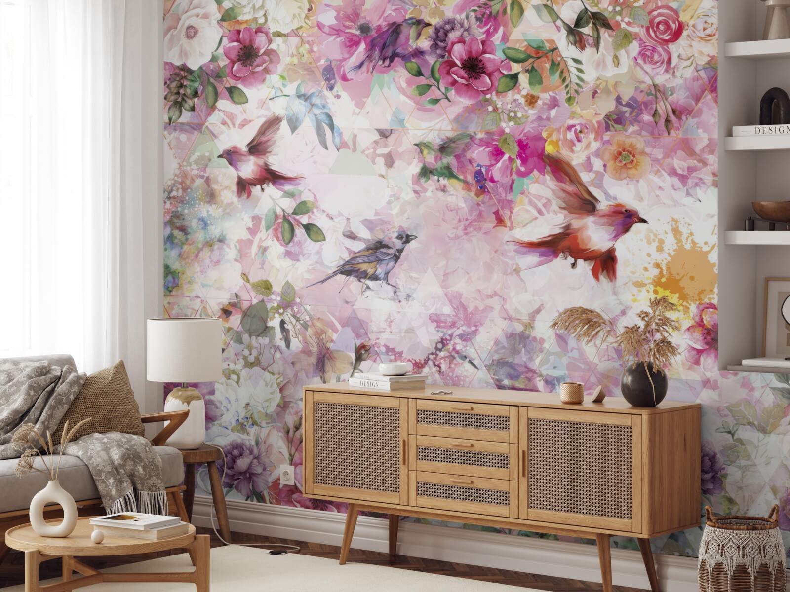 Fototapeta pozadie s kvetmi a vtákmi