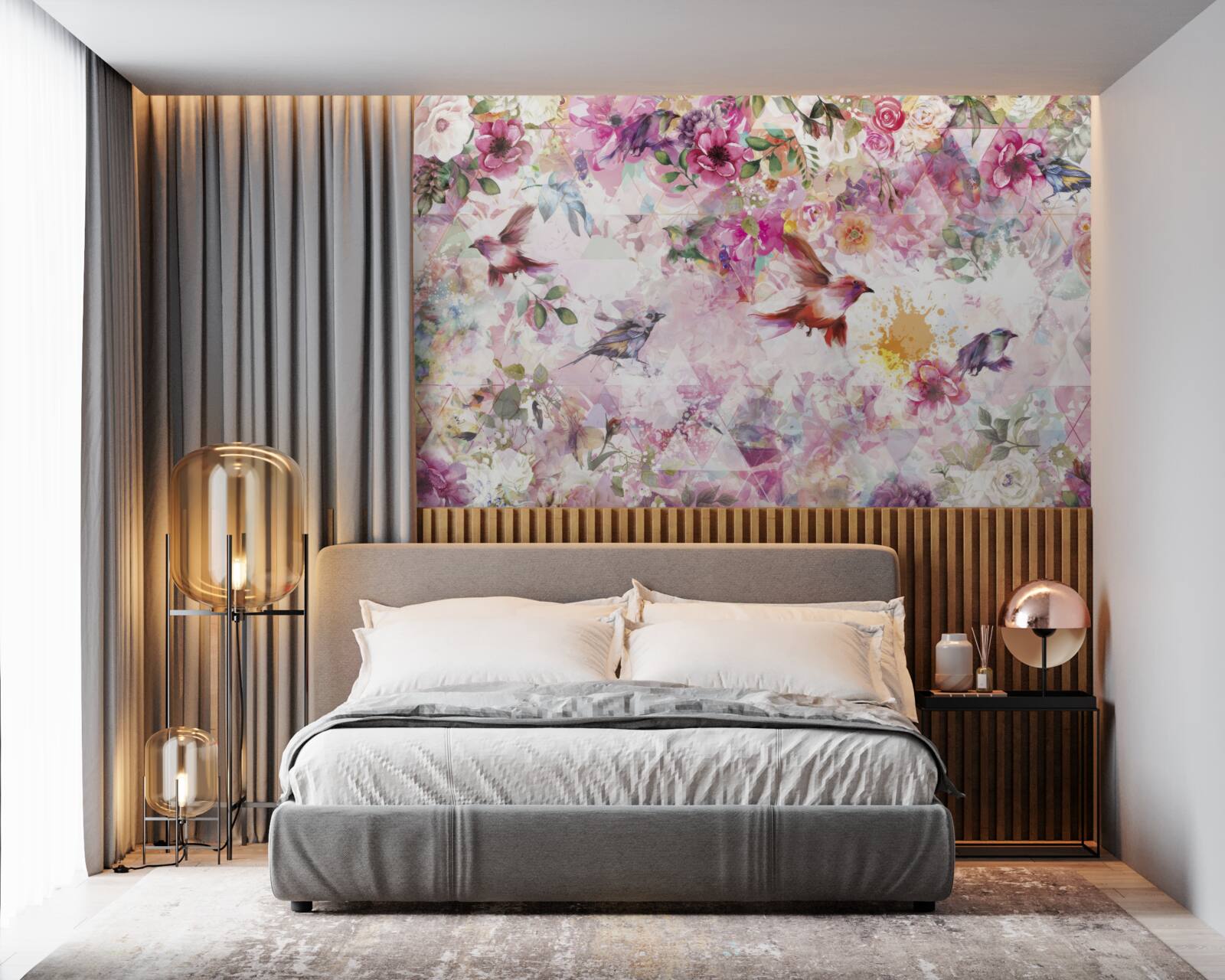 Fototapeta pozadie s kvetmi a vtákmi