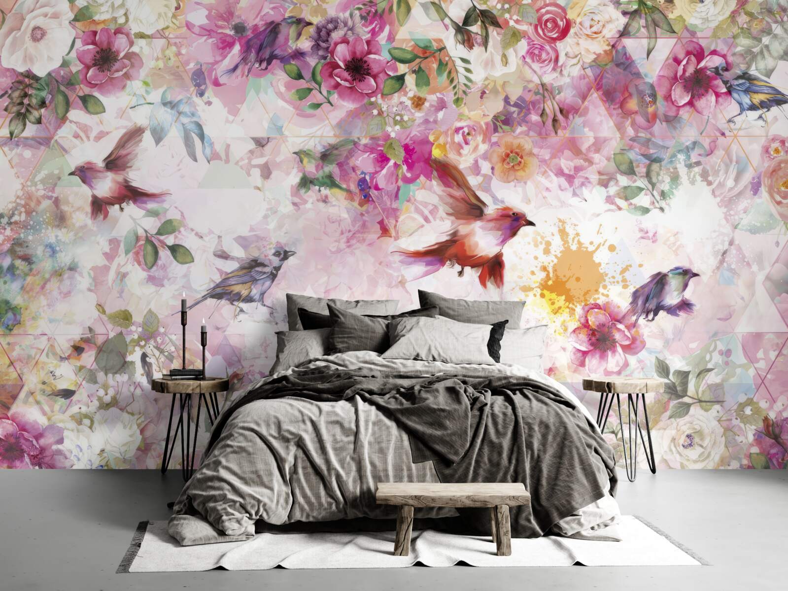 Fototapeta pozadie s kvetmi a vtákmi