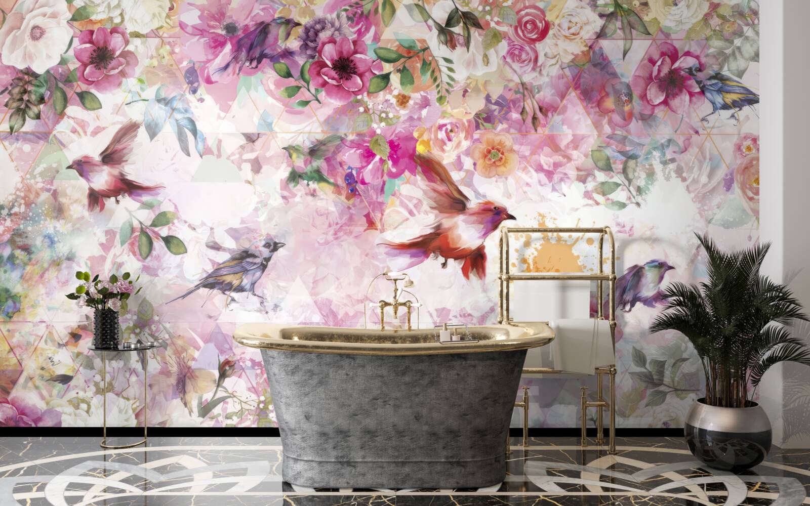 Fototapeta pozadie s kvetmi a vtákmi