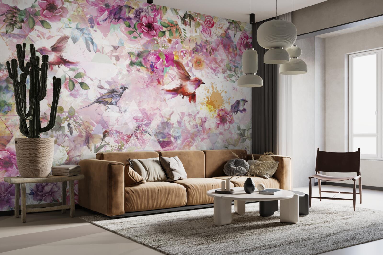 Fototapeta pozadie s kvetmi a vtákmi