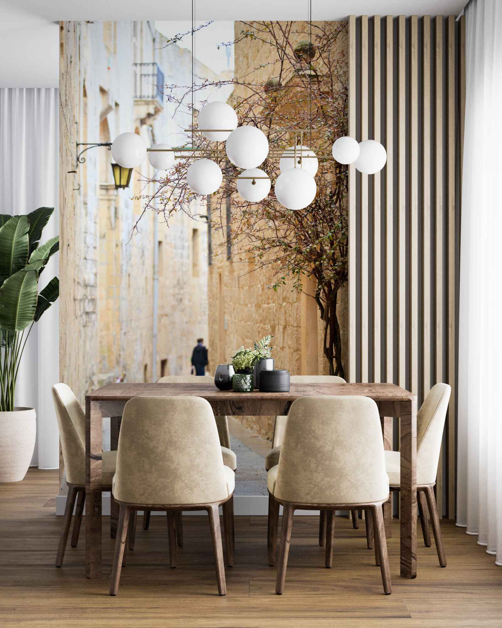 Fototapeta muž a strom stoja na úzkej ulici