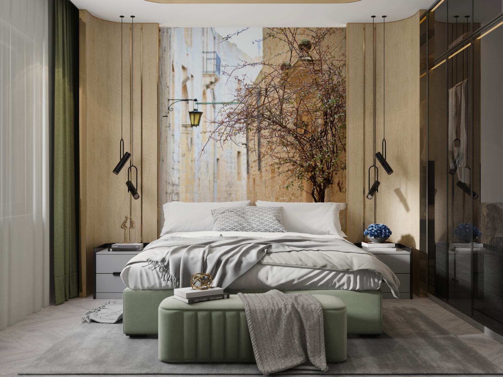 Fototapeta muž a strom stoja na úzkej ulici