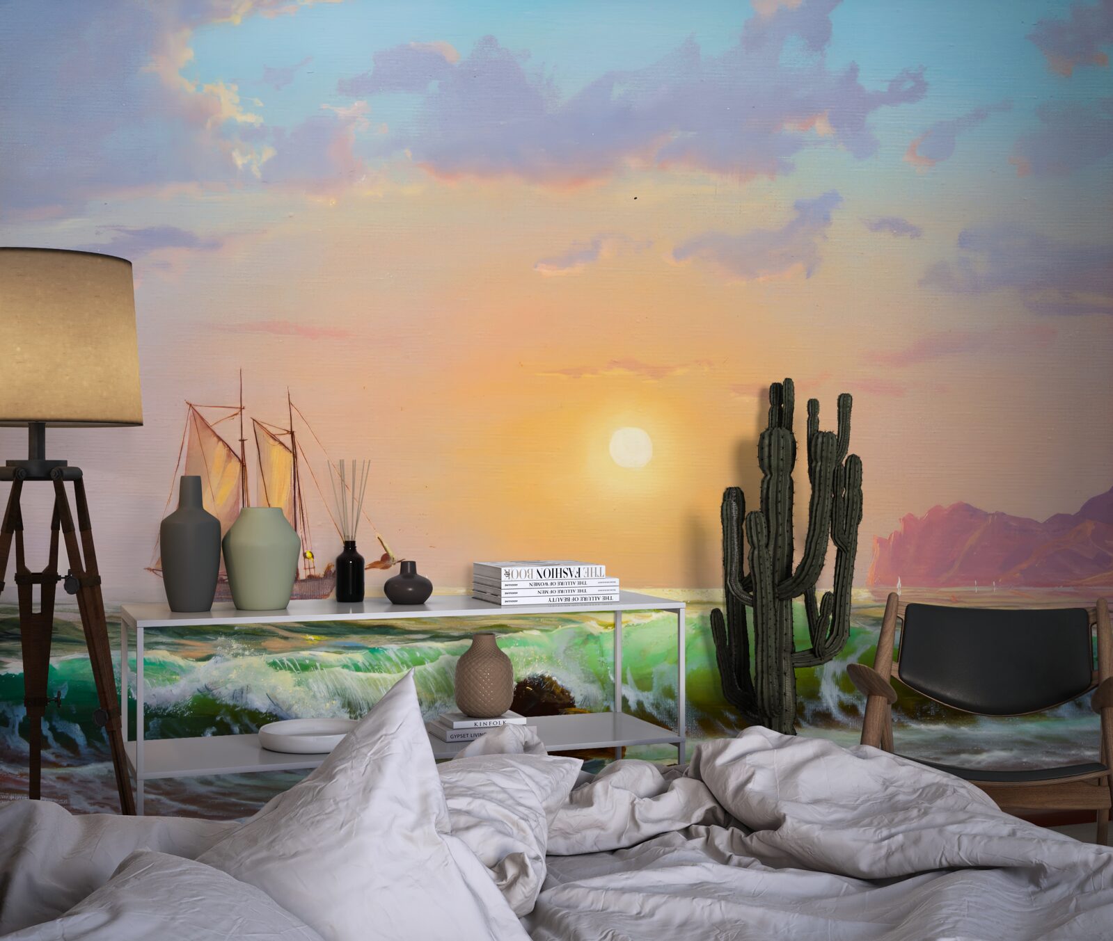 Fototapeta loď pláva na pozadí západu slnka