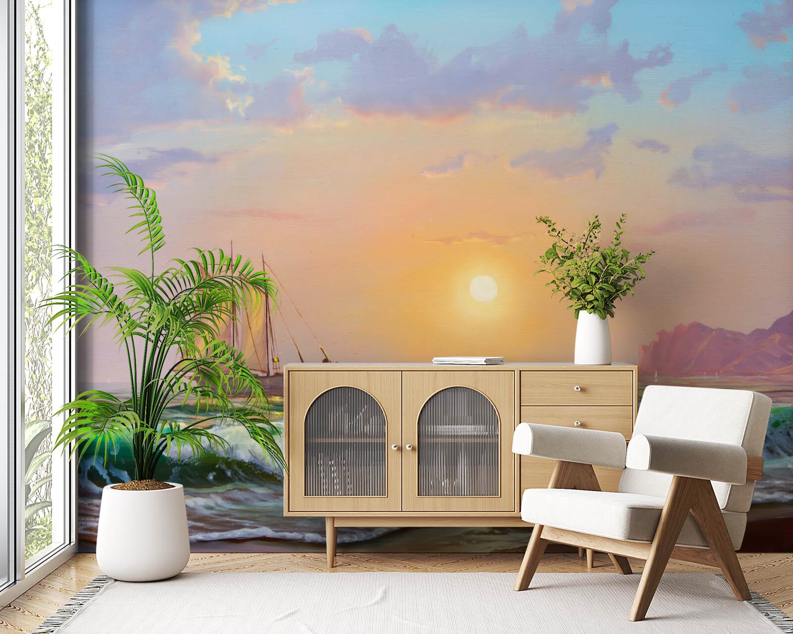 Fototapeta loď pláva na pozadí západu slnka