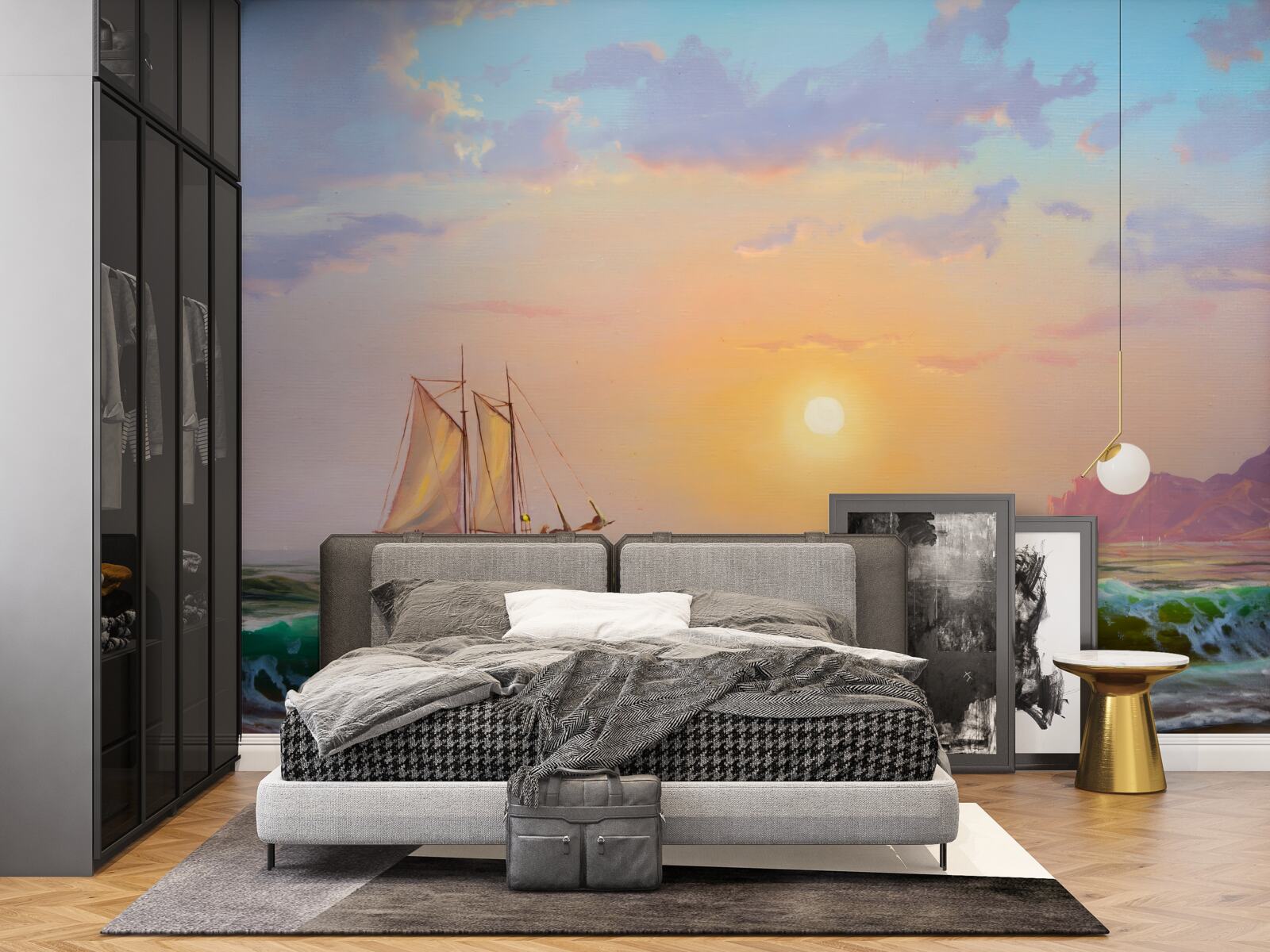 Fototapeta loď pláva na pozadí západu slnka