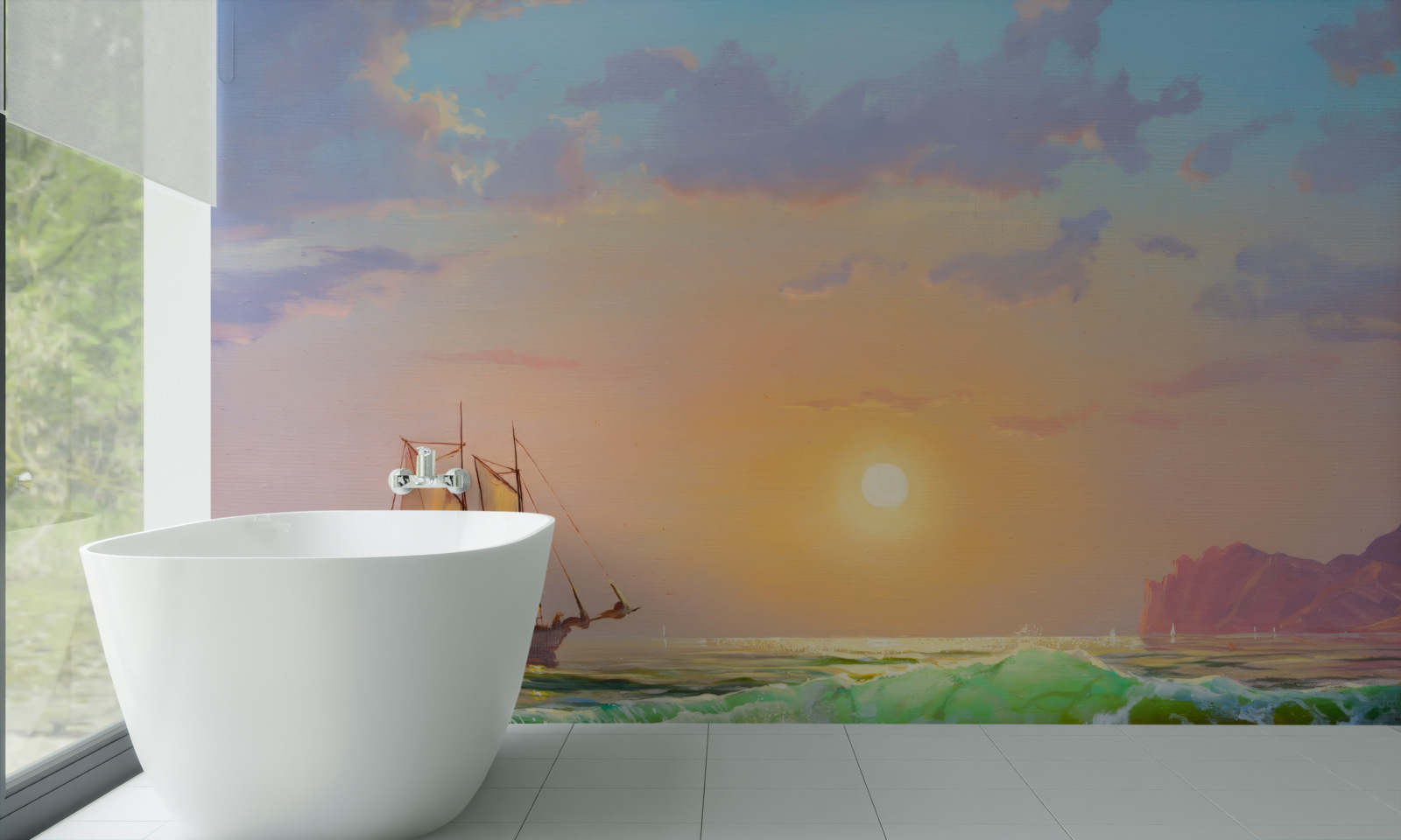 Fototapeta loď pláva na pozadí západu slnka