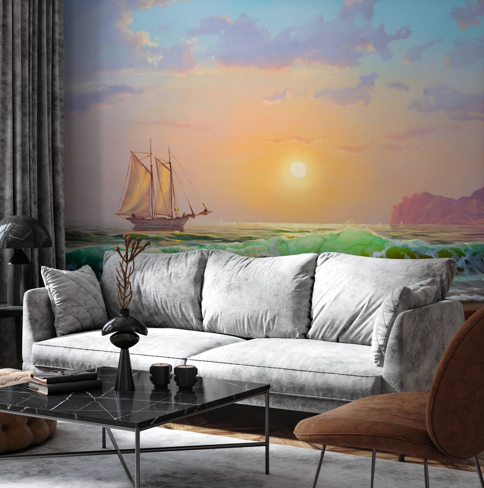 Fototapeta loď pláva na pozadí západu slnka