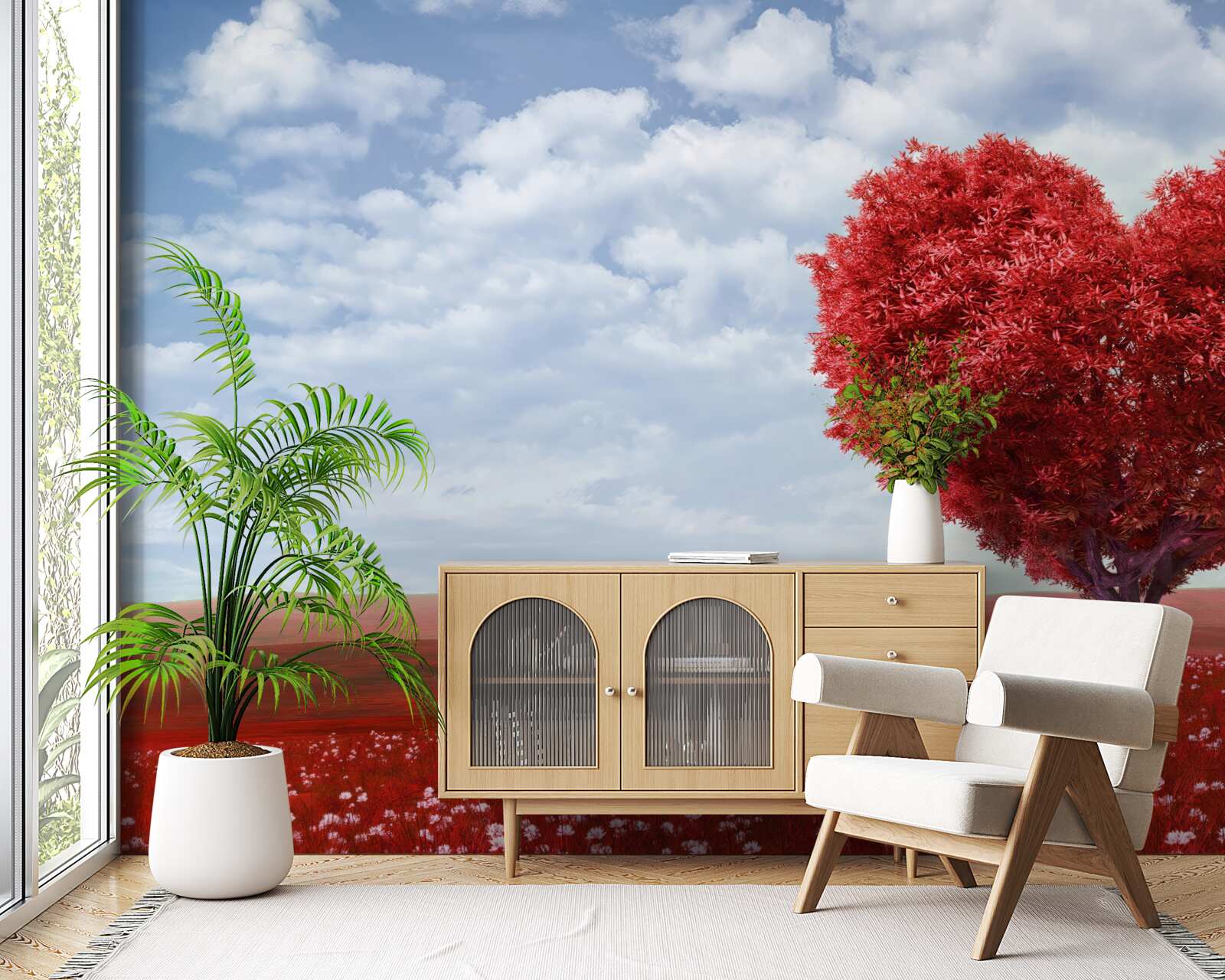 Fototapeta strom v tvare srdca so šarlátovými listami