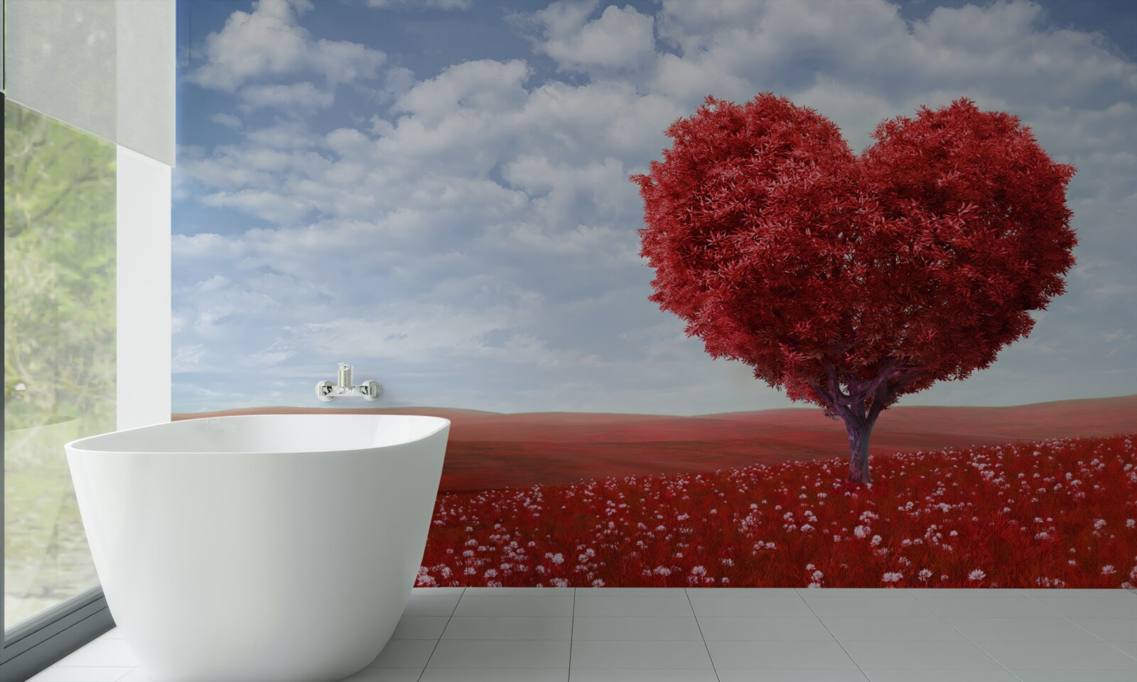 Fototapeta strom v tvare srdca so šarlátovými listami