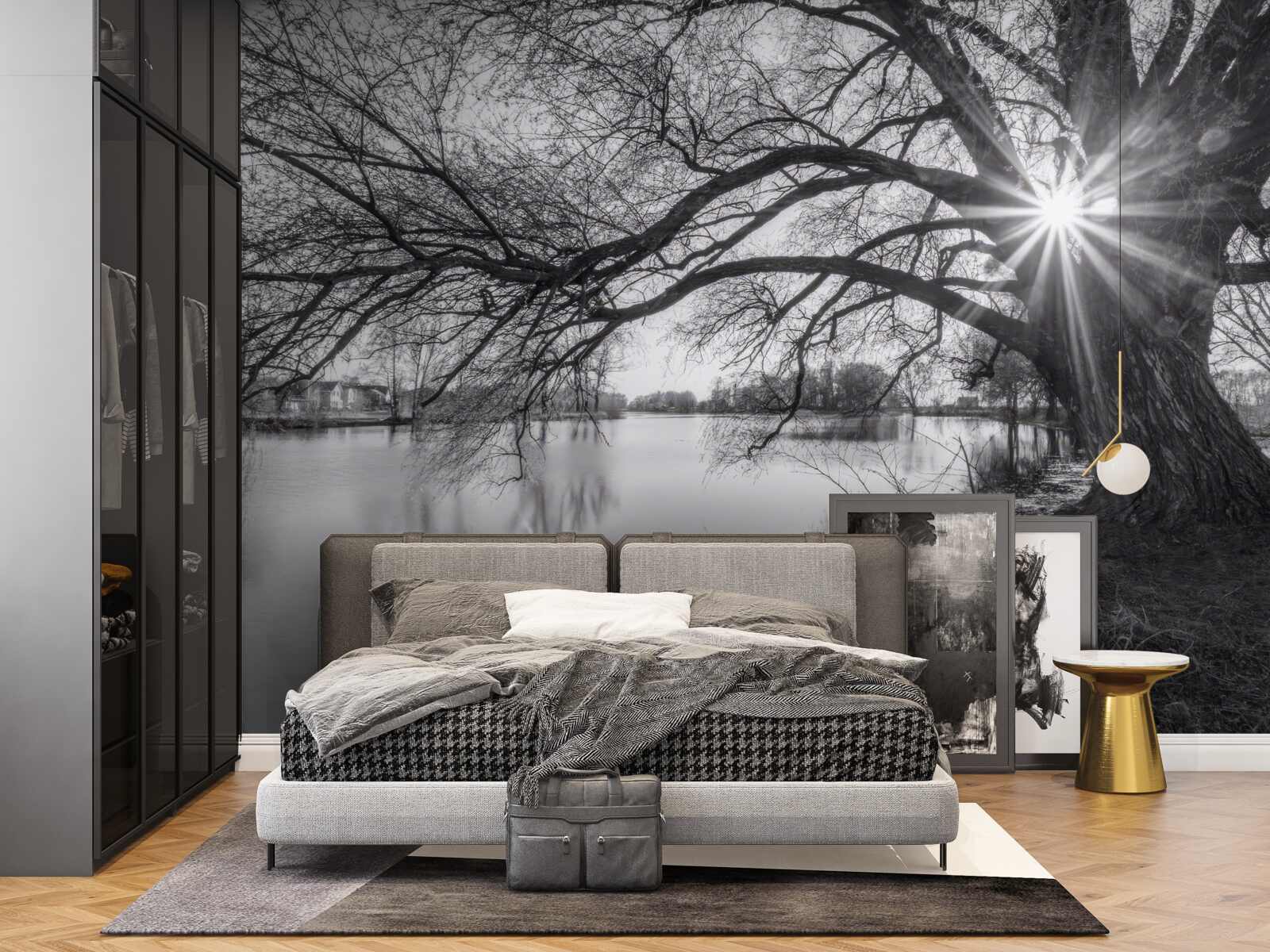 Fototapeta cez konáre stromu pri vode presvitá slnečný lúč