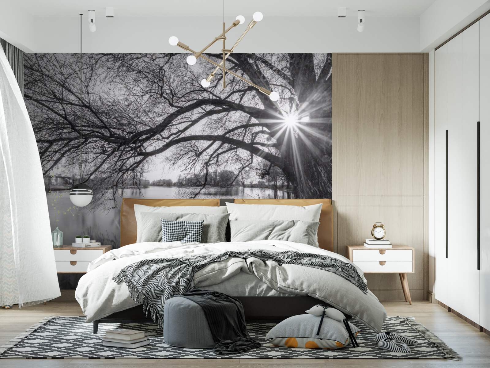 Fototapeta cez konáre stromu pri vode presvitá slnečný lúč