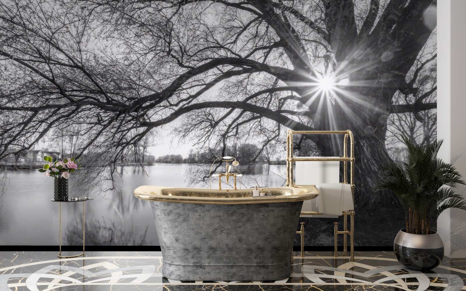 Fototapeta cez konáre stromu pri vode presvitá slnečný lúč