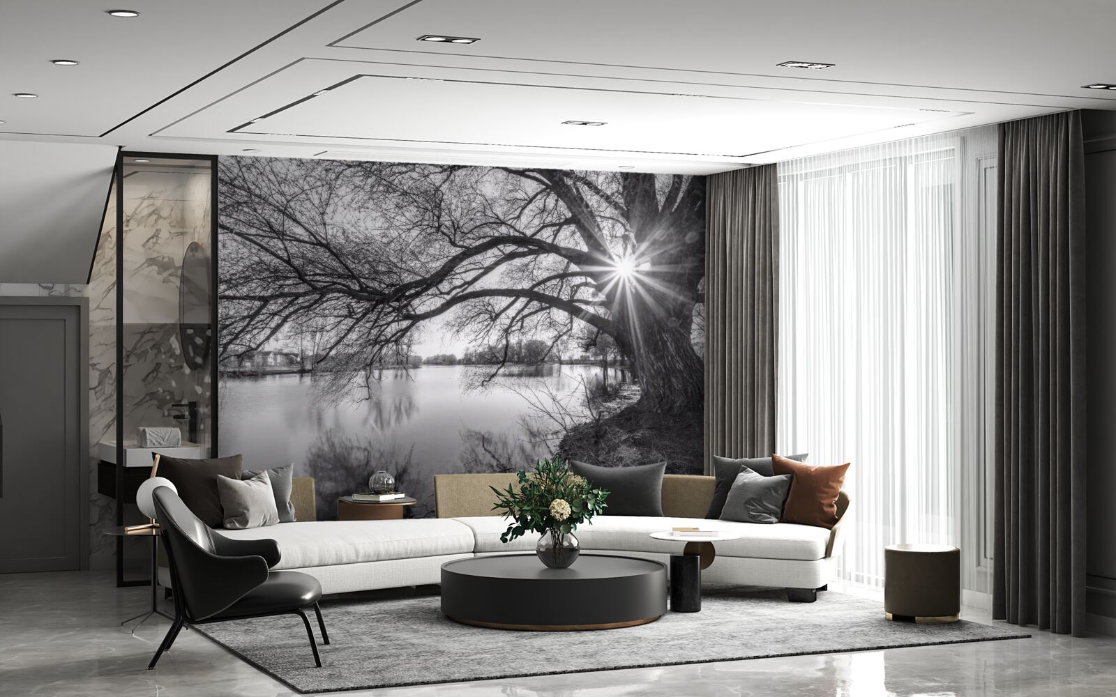 Fototapeta cez konáre stromu pri vode presvitá slnečný lúč