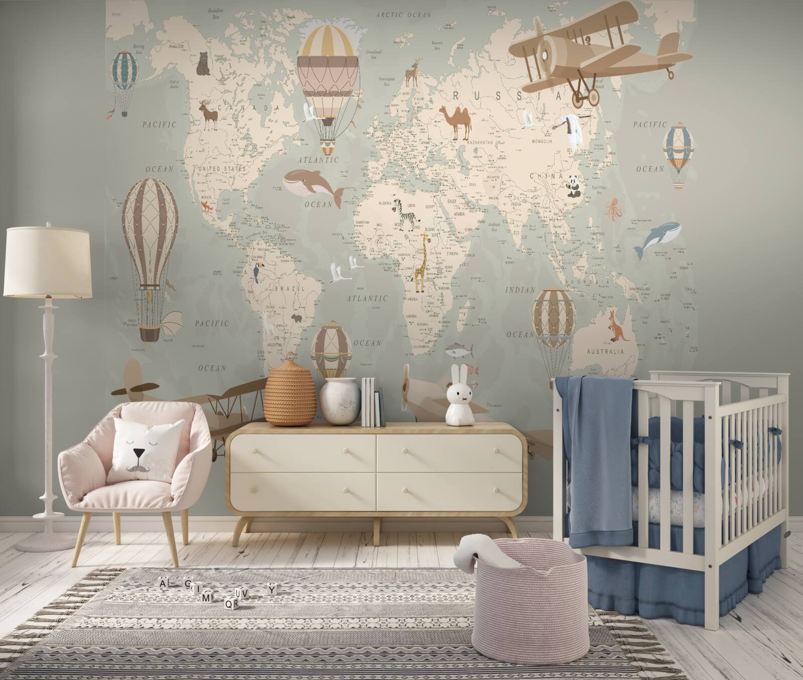 Fototapeta mapa sveta a rôzne druhy leteckej dopravy