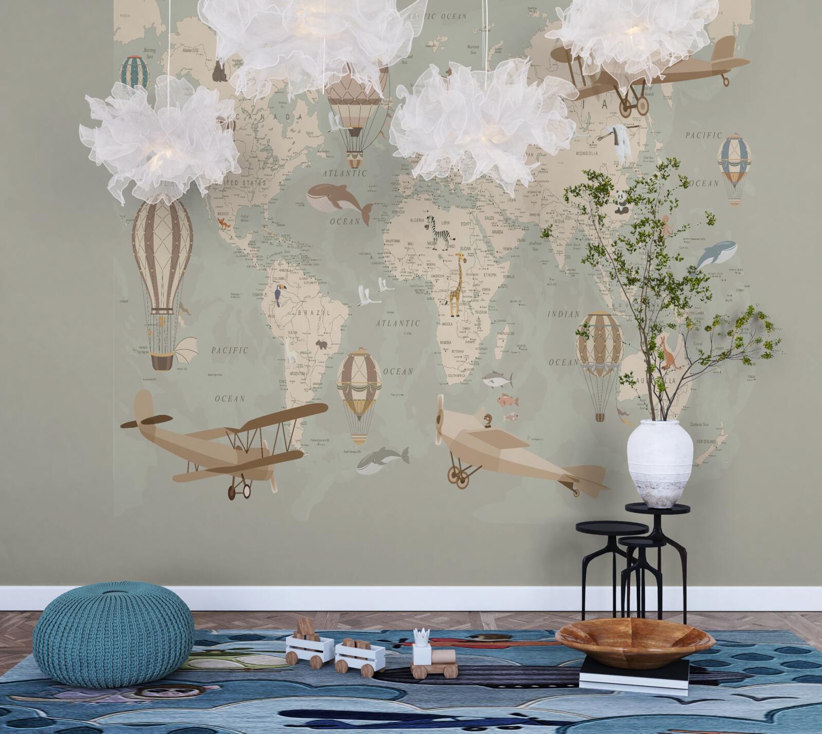 Fototapeta mapa sveta a rôzne druhy leteckej dopravy