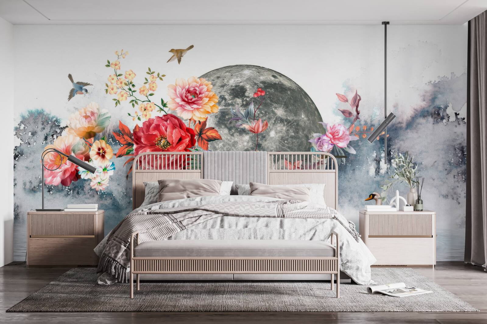 Fototapeta kvety, spln a vtáky