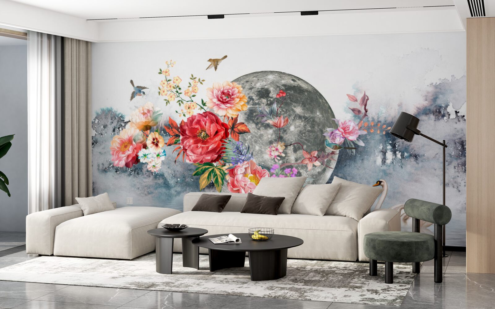 Fototapeta kvety, spln a vtáky