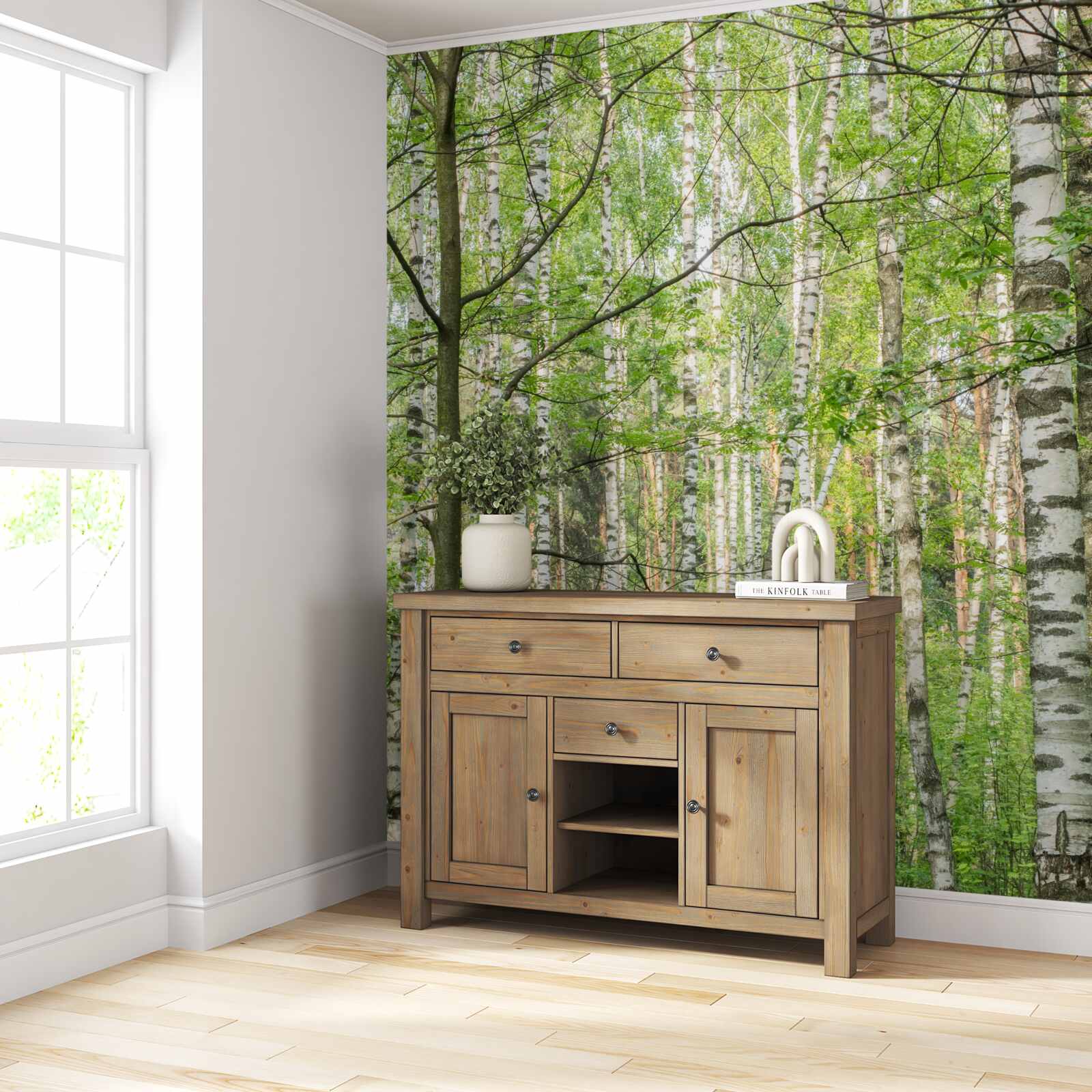 Fototapeta les husto pokrytý brezami