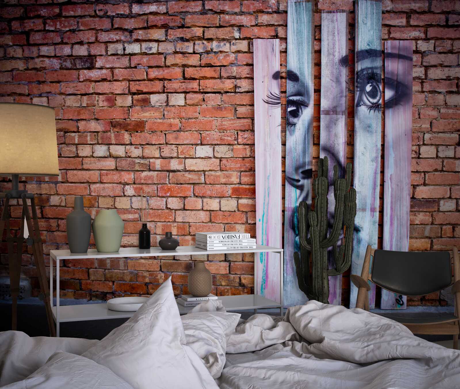 Fototapeta obraz ženy na šarlátovej tehlovej stene