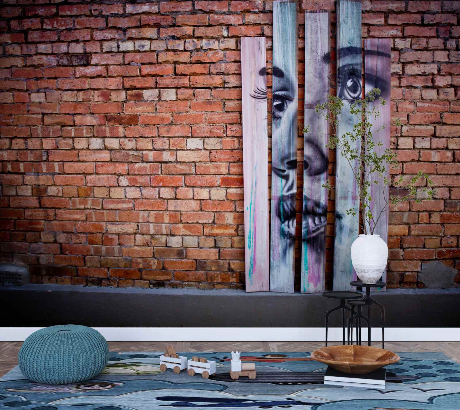 Fototapeta obraz ženy na šarlátovej tehlovej stene