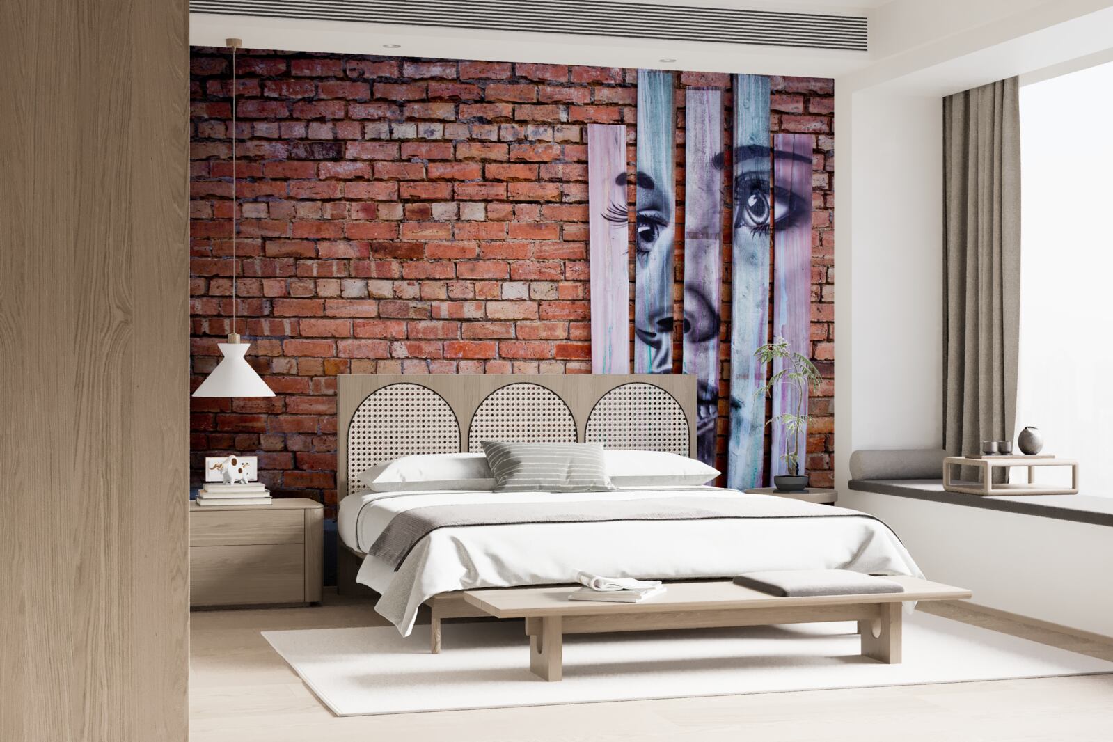 Fototapeta obraz ženy na šarlátovej tehlovej stene