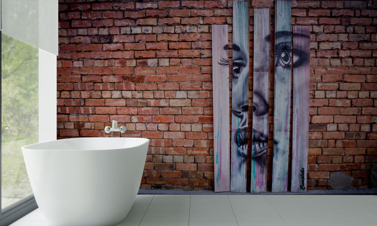 Fototapeta obraz ženy na šarlátovej tehlovej stene