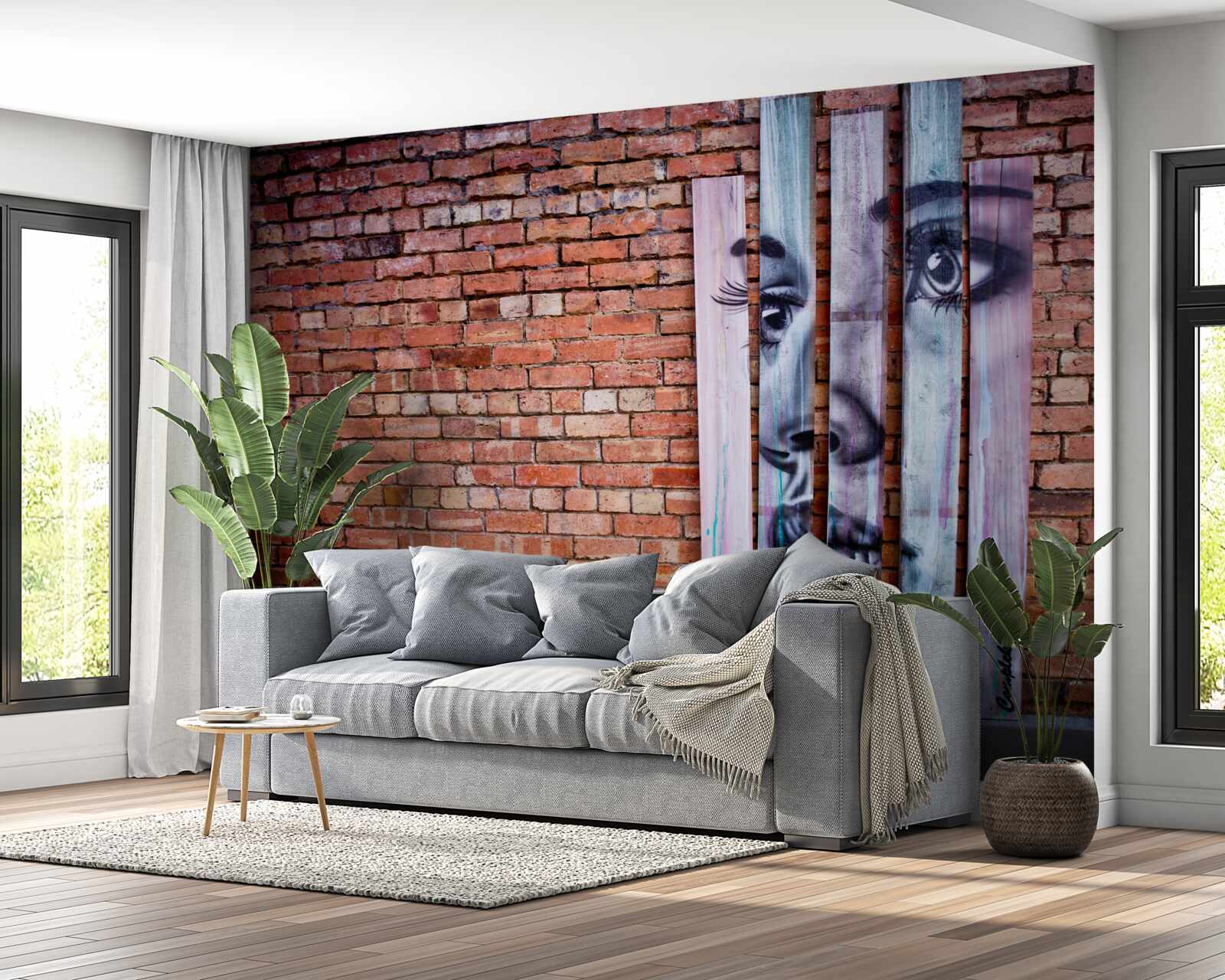 Fototapeta obraz ženy na šarlátovej tehlovej stene