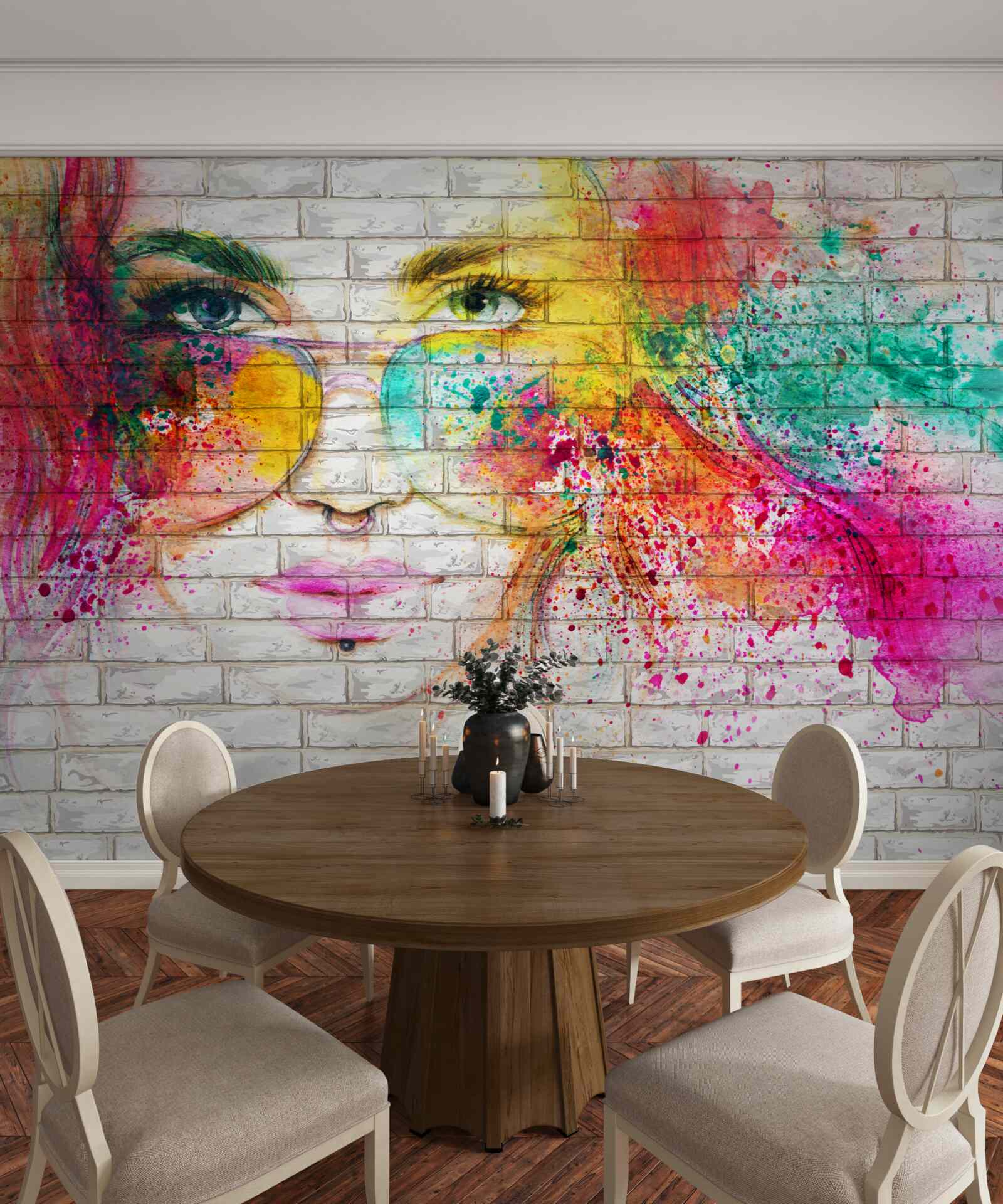 Fototapeta obrázok dievčaťa s okuliarmi na snehobielej tehlovej stene