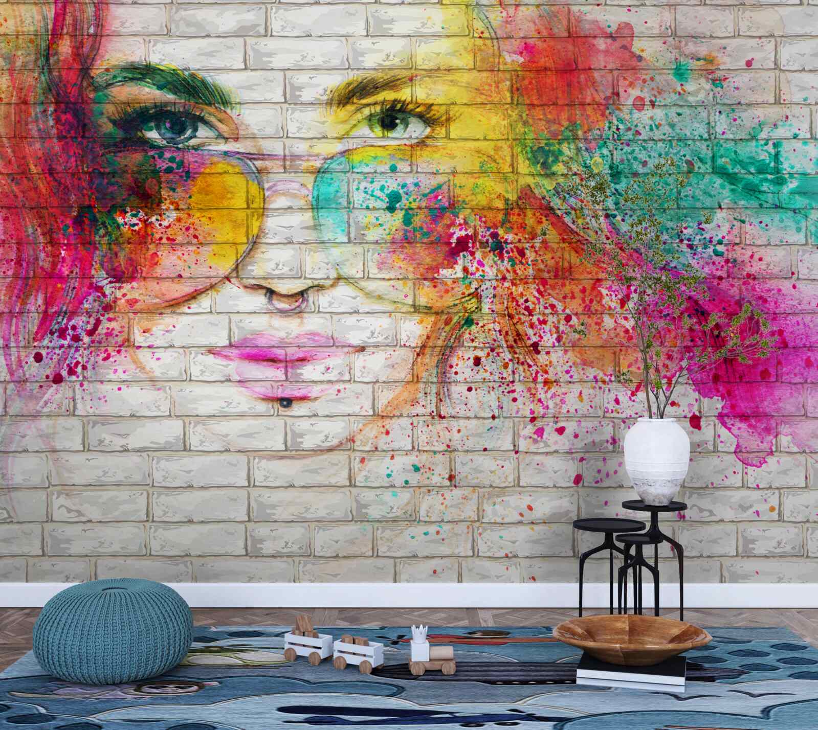 Fototapeta obrázok dievčaťa s okuliarmi na snehobielej tehlovej stene