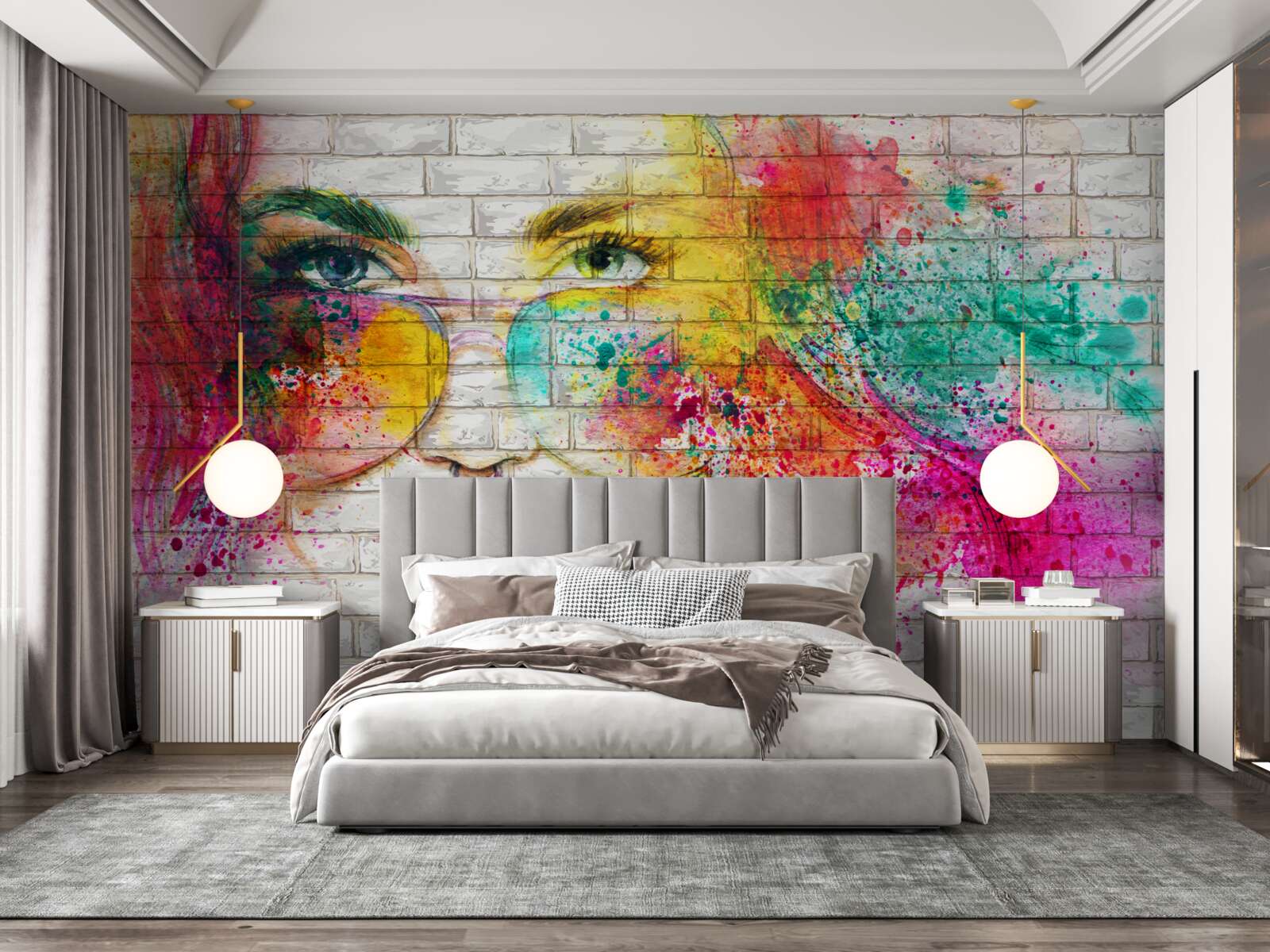 Fototapeta obrázok dievčaťa s okuliarmi na snehobielej tehlovej stene