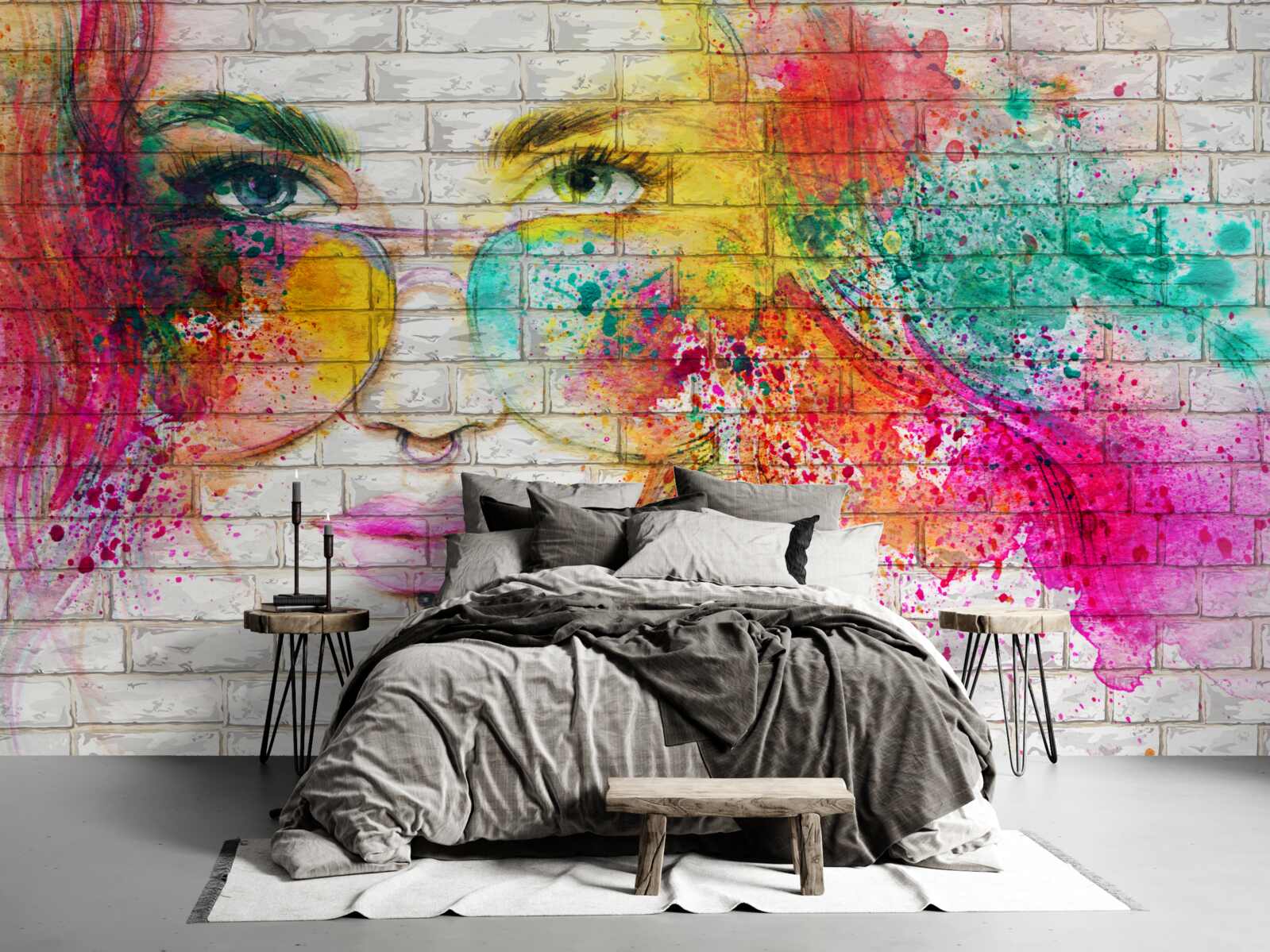 Fototapeta obrázok dievčaťa s okuliarmi na snehobielej tehlovej stene