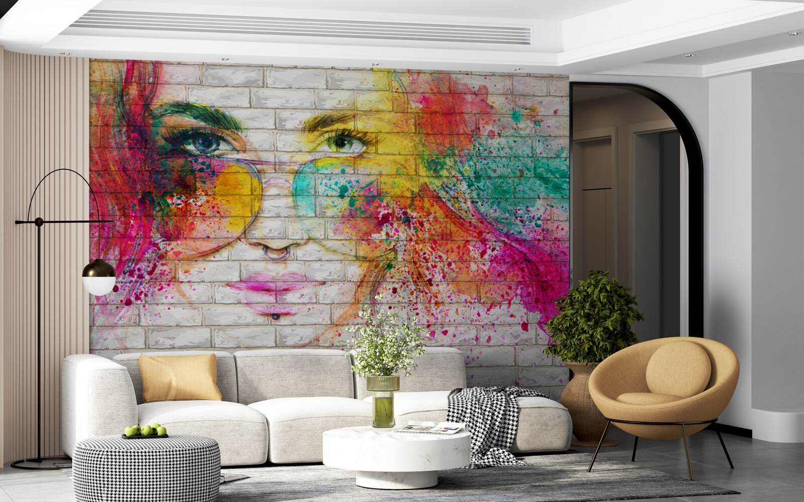 Fototapeta obrázok dievčaťa s okuliarmi na snehobielej tehlovej stene