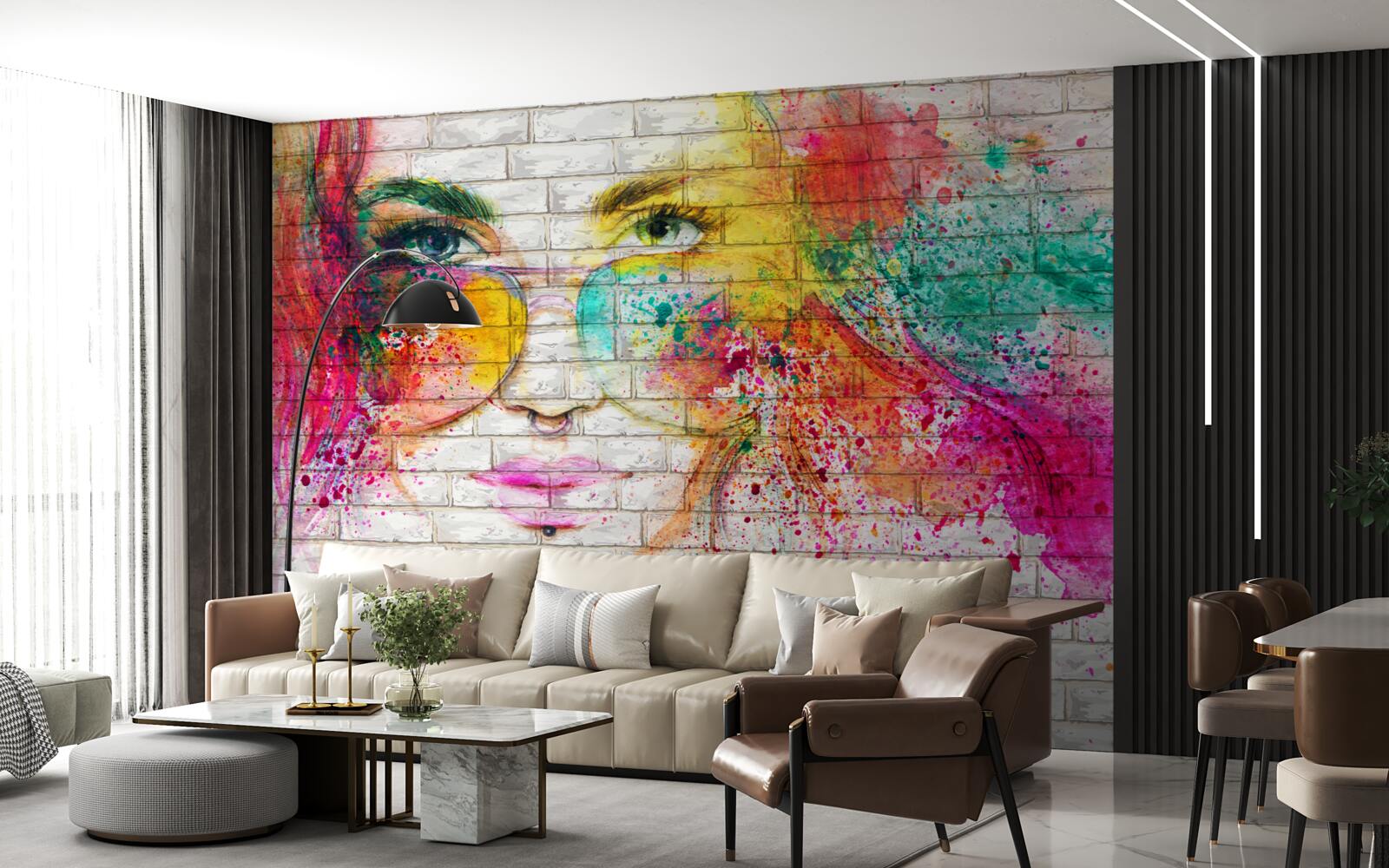 Fototapeta obrázok dievčaťa s okuliarmi na snehobielej tehlovej stene