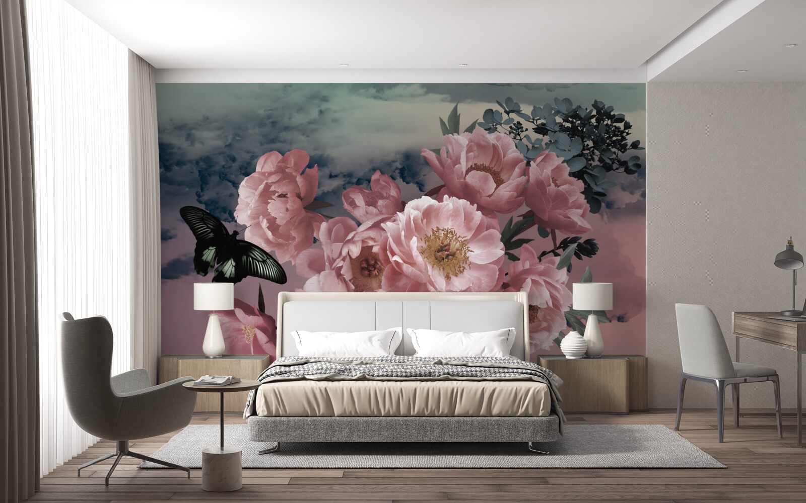 Fototapeta tmavý motýľ a ružové kvety