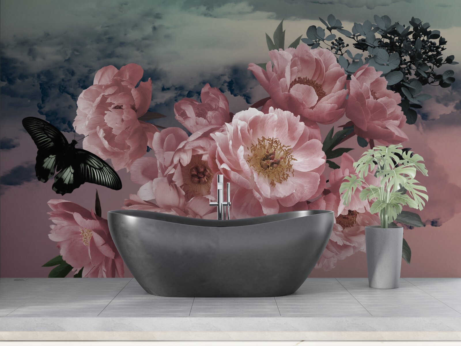 Fototapeta tmavý motýľ a ružové kvety