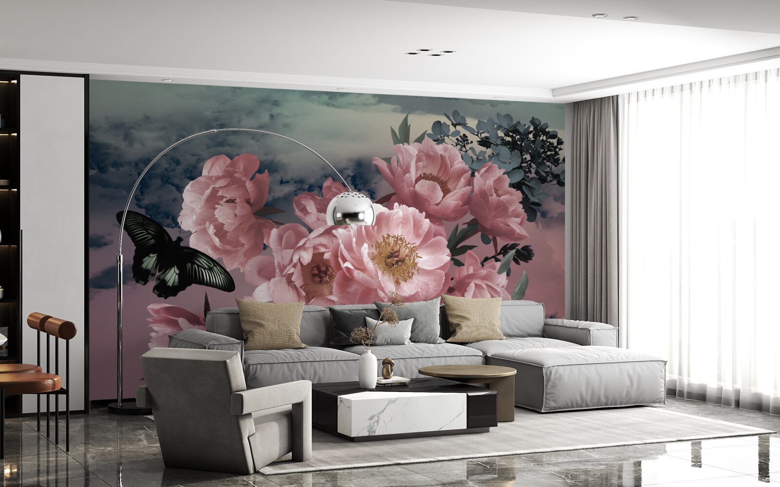 Fototapeta tmavý motýľ a ružové kvety