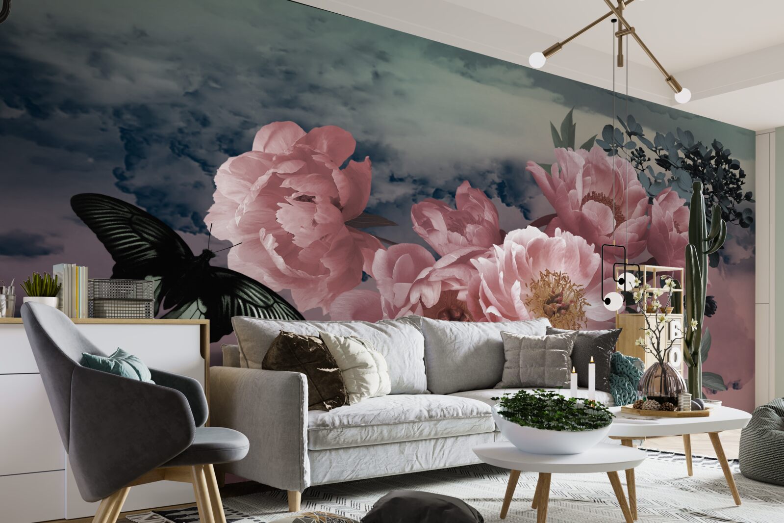 Fototapeta tmavý motýľ a ružové kvety