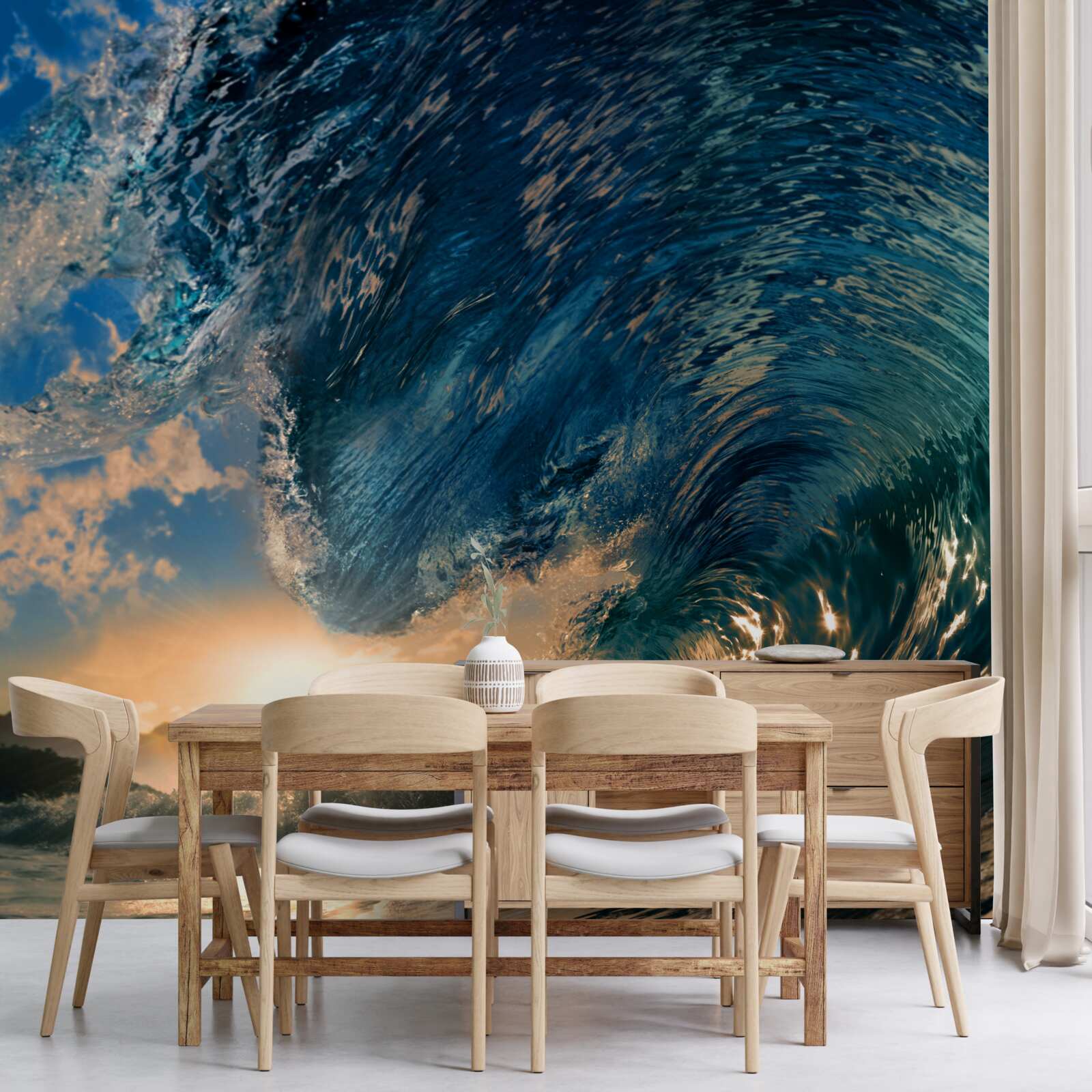 Fototapeta obrovská vlna na pozadí zapadajúceho slnka