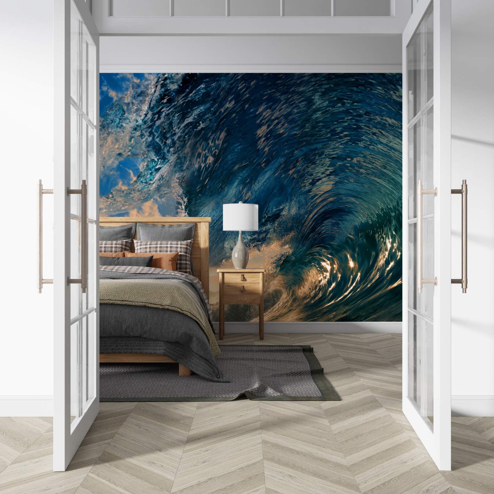 Fototapeta obrovská vlna na pozadí zapadajúceho slnka