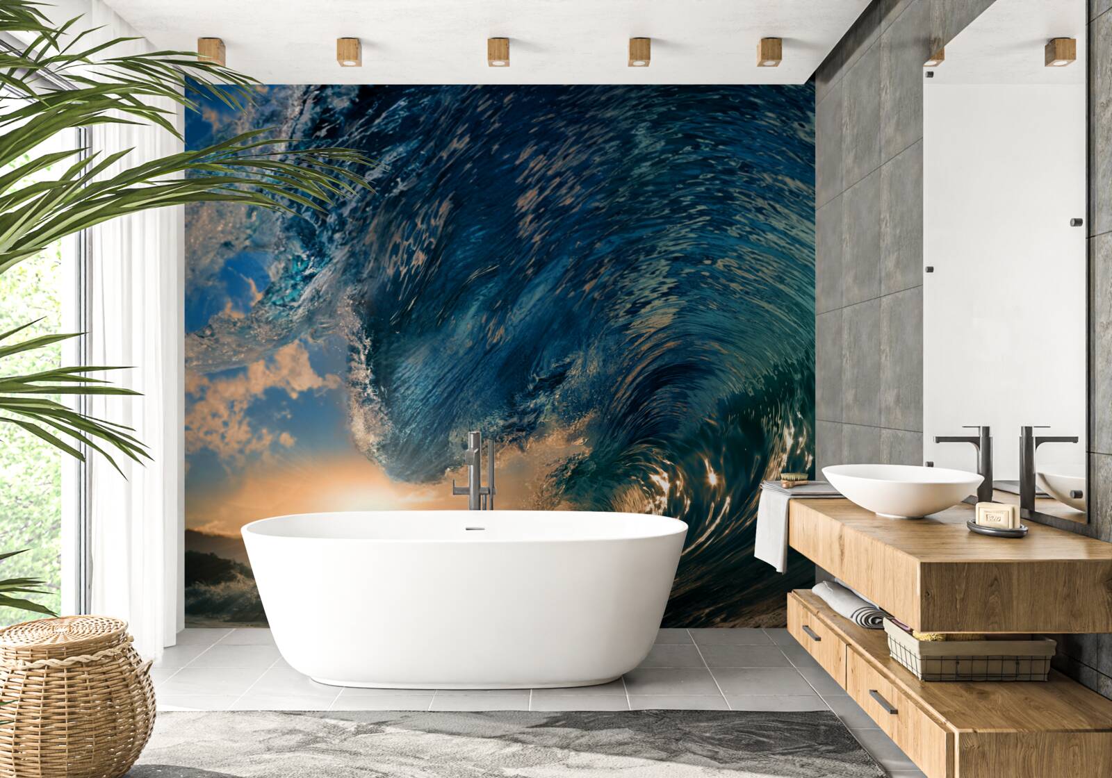 Fototapeta obrovská vlna na pozadí zapadajúceho slnka