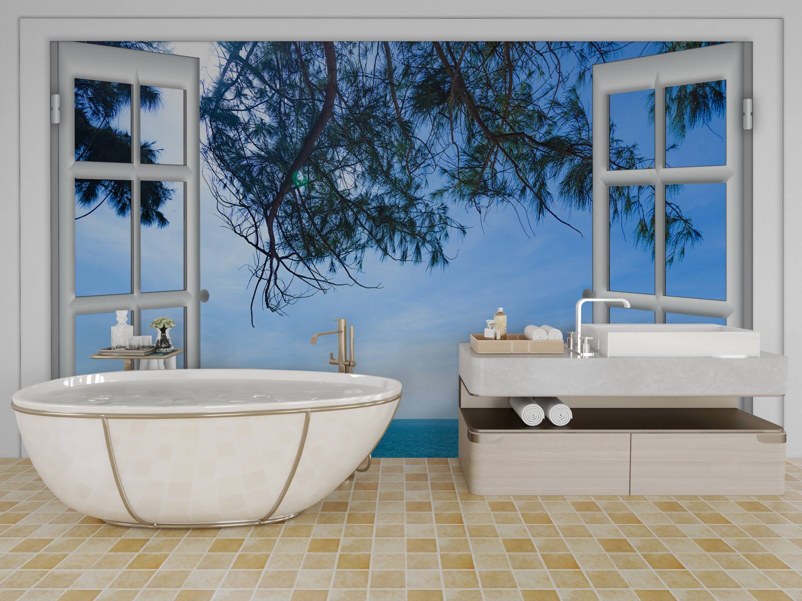 Fototapeta okno, z ktorého môžete vidieť modré more